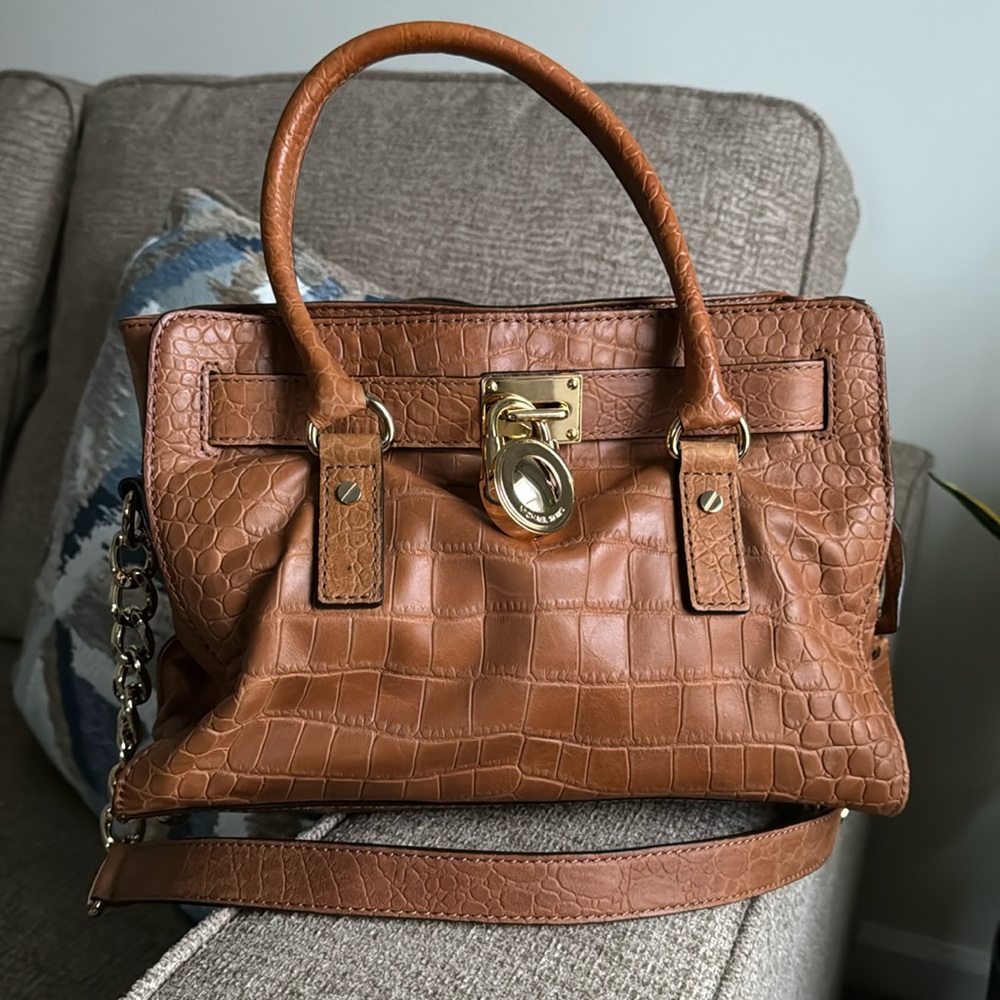 Michael Kors Hamilton Croc Pebble Brown Leather Shoulder bag purse